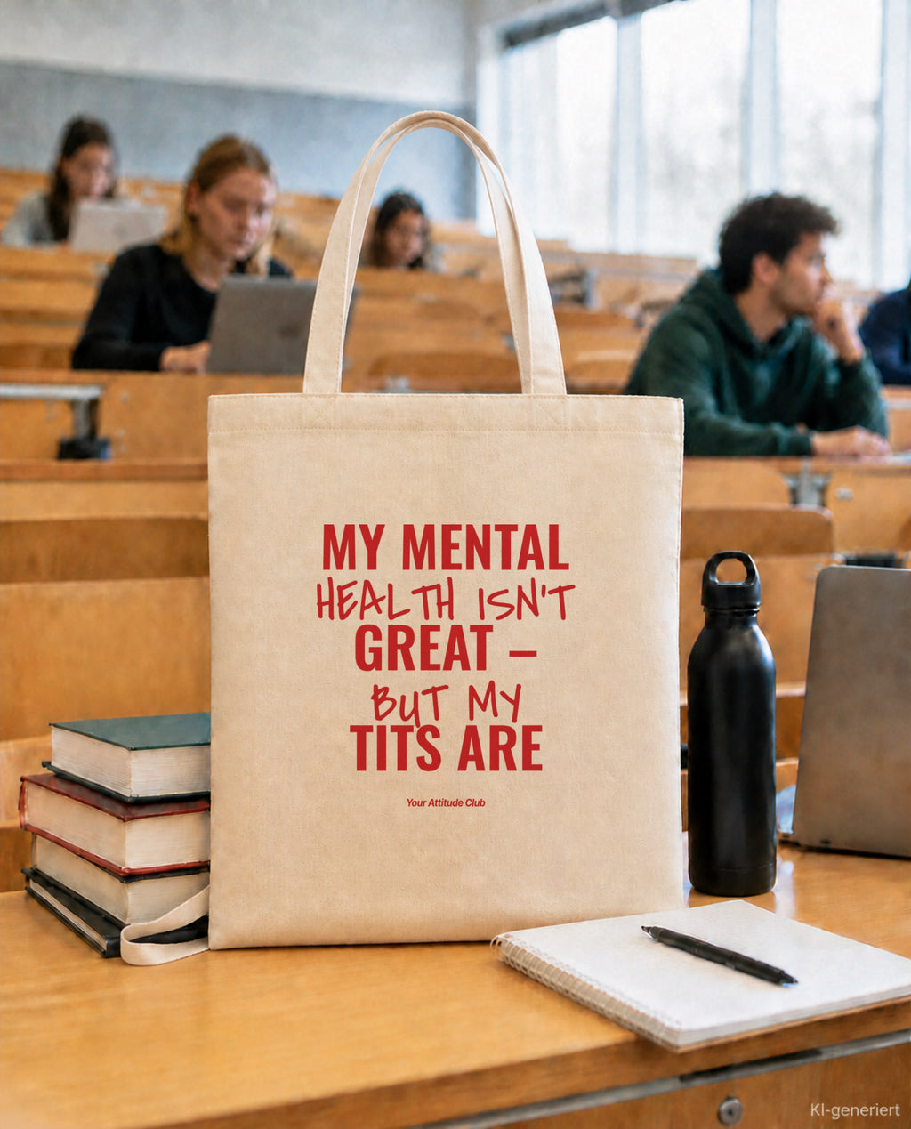 My Mental Health Isn’t Great – But My Tits Are – Stoffbeutel mit Spruch natur mit rotem Aufdruck, in der Uni