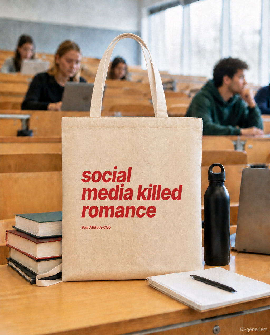 Social Media Killed Romance – Stoffbeutel mit Spruch natur mit rotem Aufdruck, in der Uni