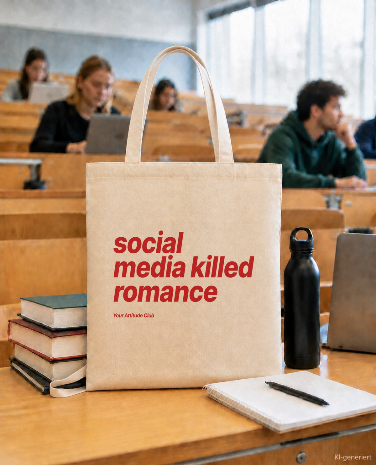 Social Media Killed Romance – Stoffbeutel mit Spruch natur mit rotem Aufdruck, in der Uni