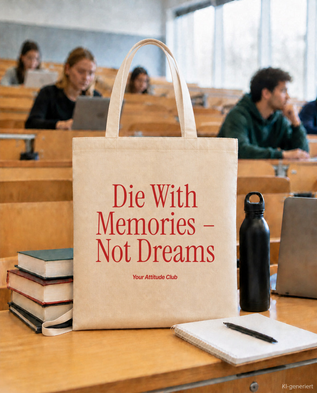 Die With Memories – Not Dreams – Stoffbeutel mit Spruch natur mit rotem Aufdruck, in der Uni