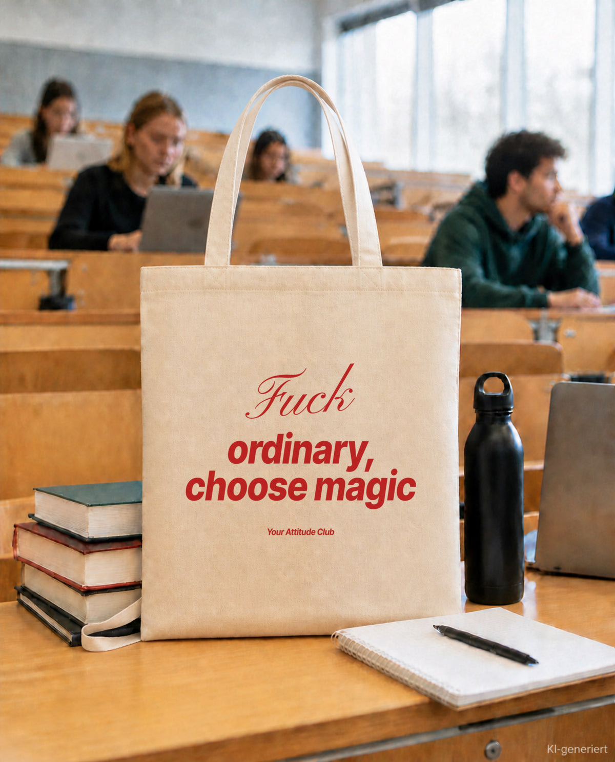 Fuck Ordinary, Choose Magic – Stoffbeutel mit Spruch natur mit rotem Aufdruck, in der Uni