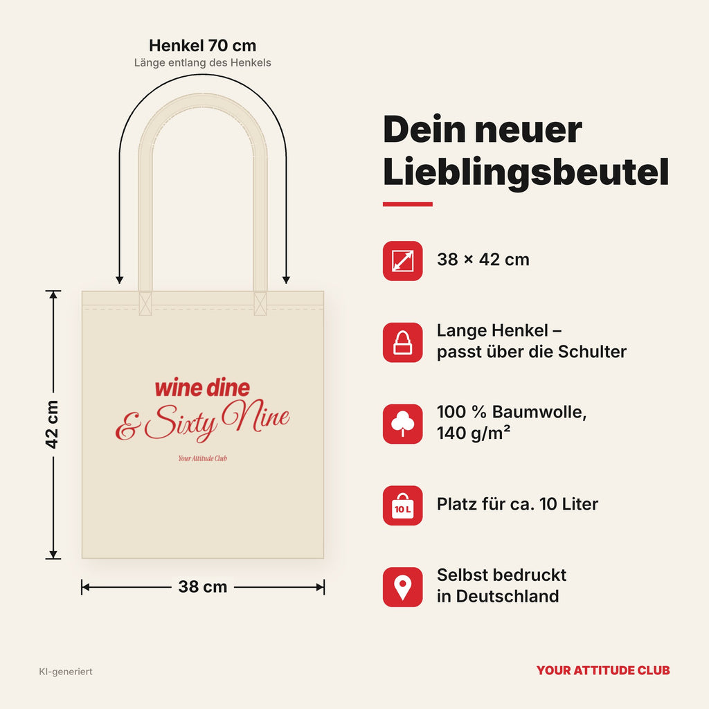 Wine Dine & Sixty Nine – Stoffbeutel mit Spruch natur mit rotem Aufdruck, Maße 38 × 42 cm, Henkel 70 cm