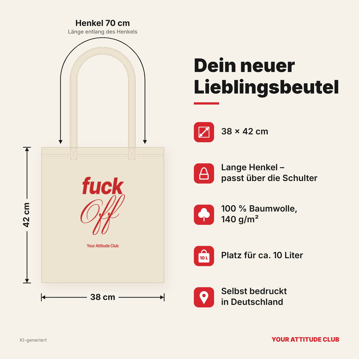 Fuck Off – Stoffbeutel mit Spruch natur mit rotem Aufdruck, Maße 38 × 42 cm, Henkel 70 cm