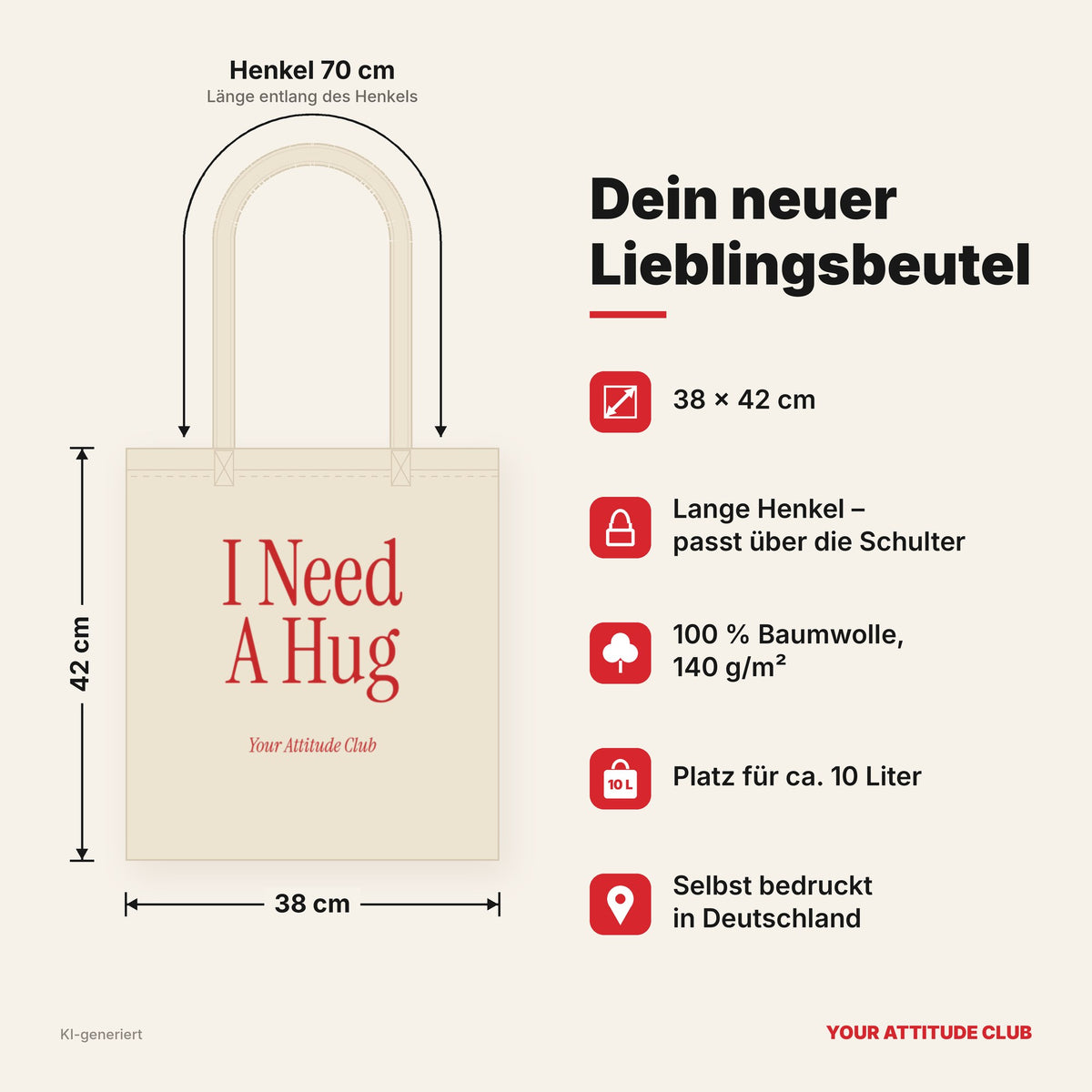 I Need A Hug – Stoffbeutel mit Spruch natur mit rotem Aufdruck, Maße 38 × 42 cm, Henkel 70 cm