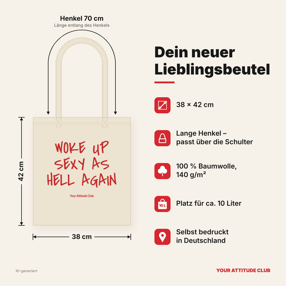 Woke Up Sexy As Hell Again – Stoffbeutel mit Spruch natur mit rotem Aufdruck, Maße 38 × 42 cm, Henkel 70 cm