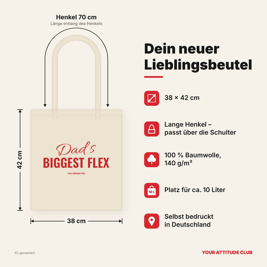 Dad’s Biggest Flex – Stoffbeutel mit Spruch natur mit rotem Aufdruck, Maße 38 × 42 cm, Henkel 70 cm
