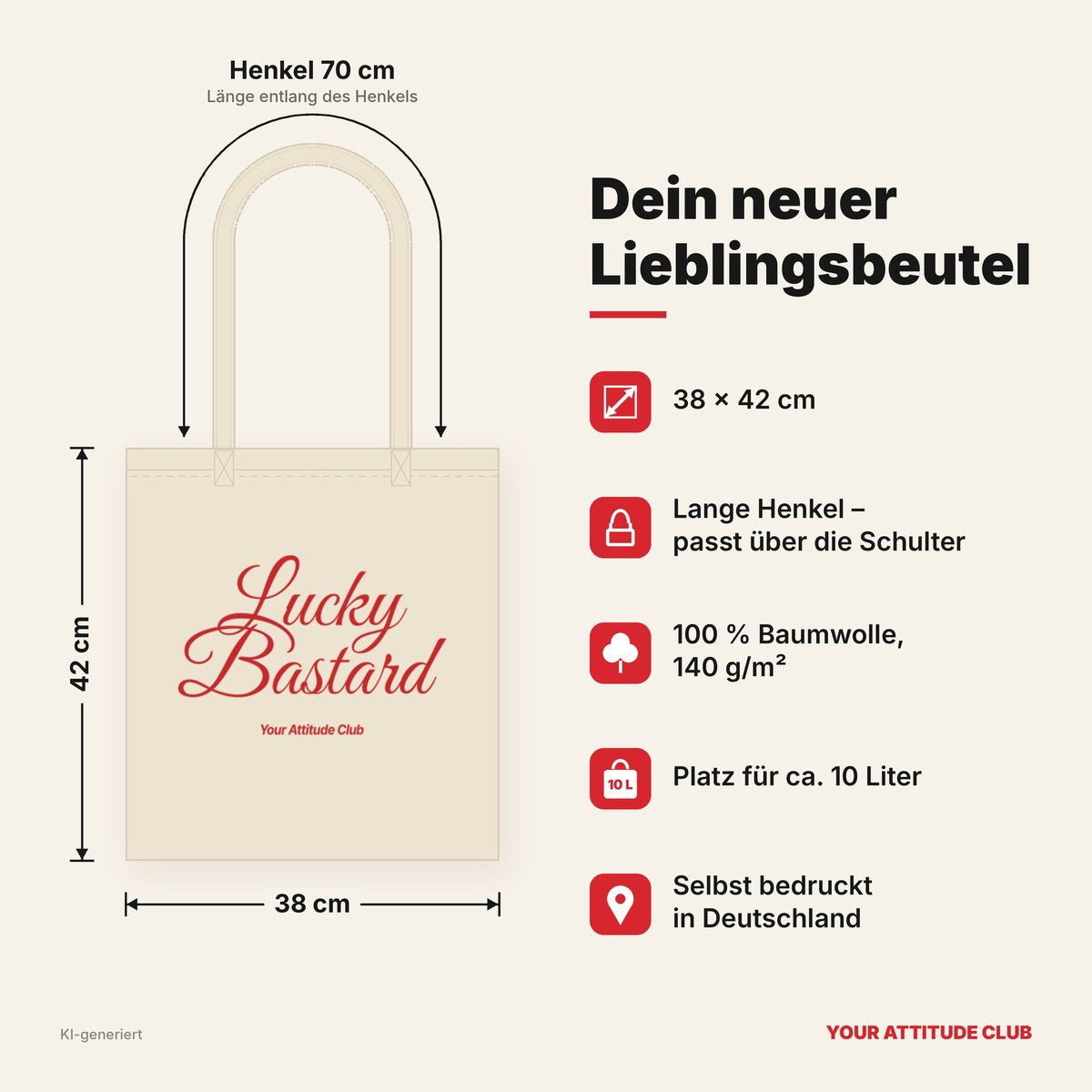 Lucky Bastard – Stoffbeutel mit Spruch natur mit rotem Aufdruck, Maße 38 × 42 cm, Henkel 70 cm