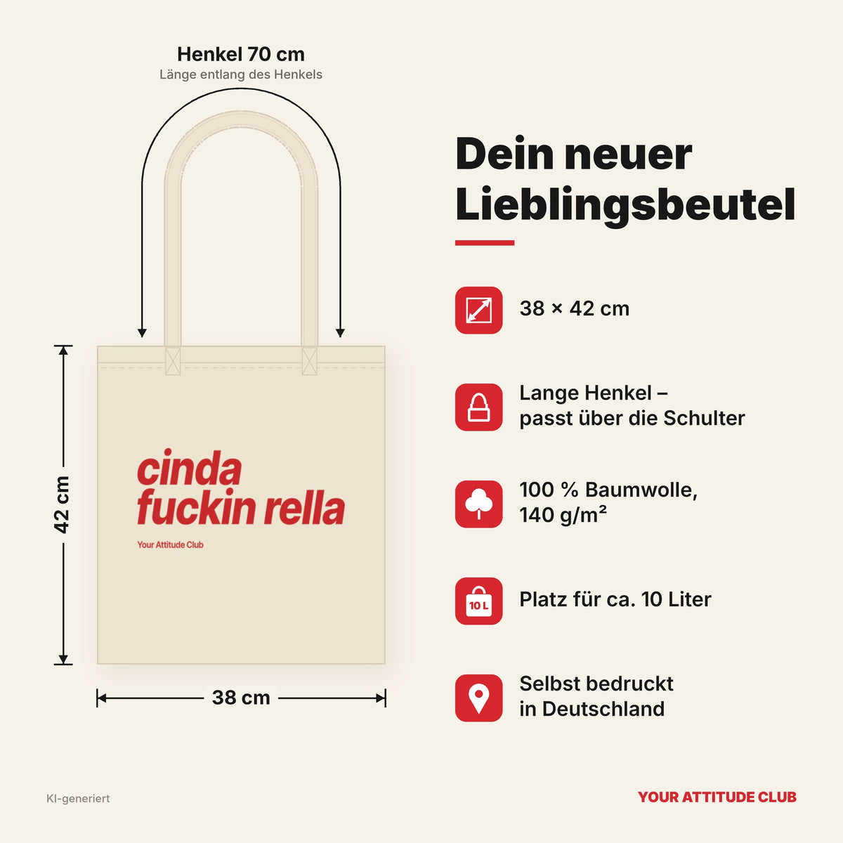 Cinda Fuckin Rella – Stoffbeutel mit Spruch natur mit rotem Aufdruck, Maße 38 × 42 cm, Henkel 70 cm