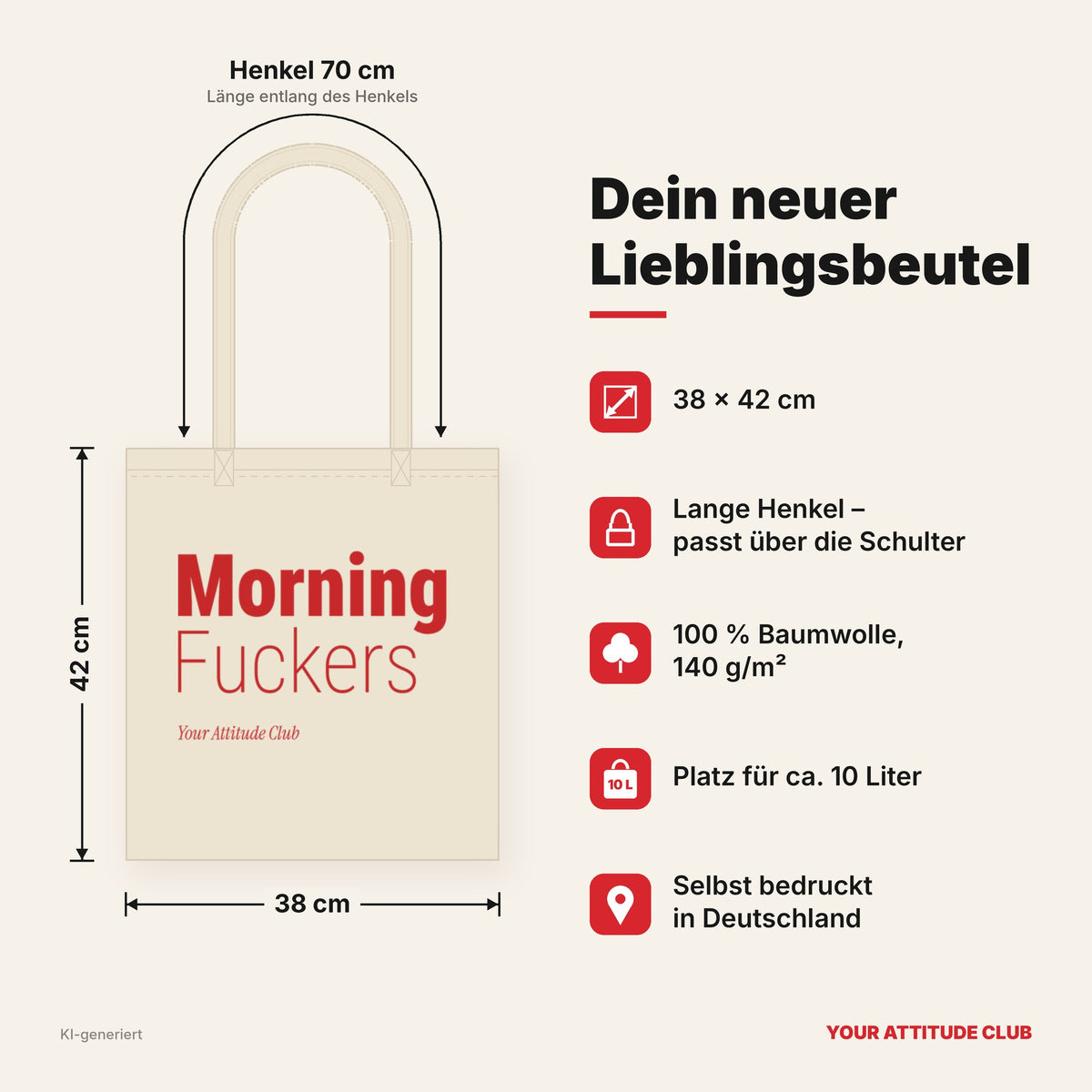 Morning Fuckers – Stoffbeutel mit Spruch natur mit rotem Aufdruck, Maße 38 × 42 cm, Henkel 70 cm