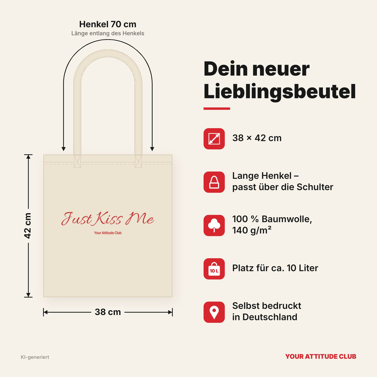 Just Kiss Me – Stoffbeutel mit Spruch natur mit rotem Aufdruck, Maße 38 × 42 cm, Henkel 70 cm