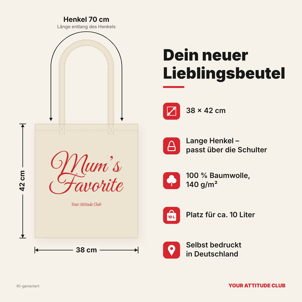 Mum’s Favorite – Stoffbeutel mit Spruch natur mit rotem Aufdruck, Maße 38 × 42 cm, Henkel 70 cm