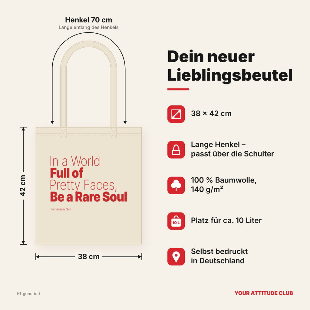 In a World Full of Pretty Faces, Be a Rare Soul – Stoffbeutel mit Spruch natur mit rotem Aufdruck, Maße 38 × 42 cm, Henkel 70 cm