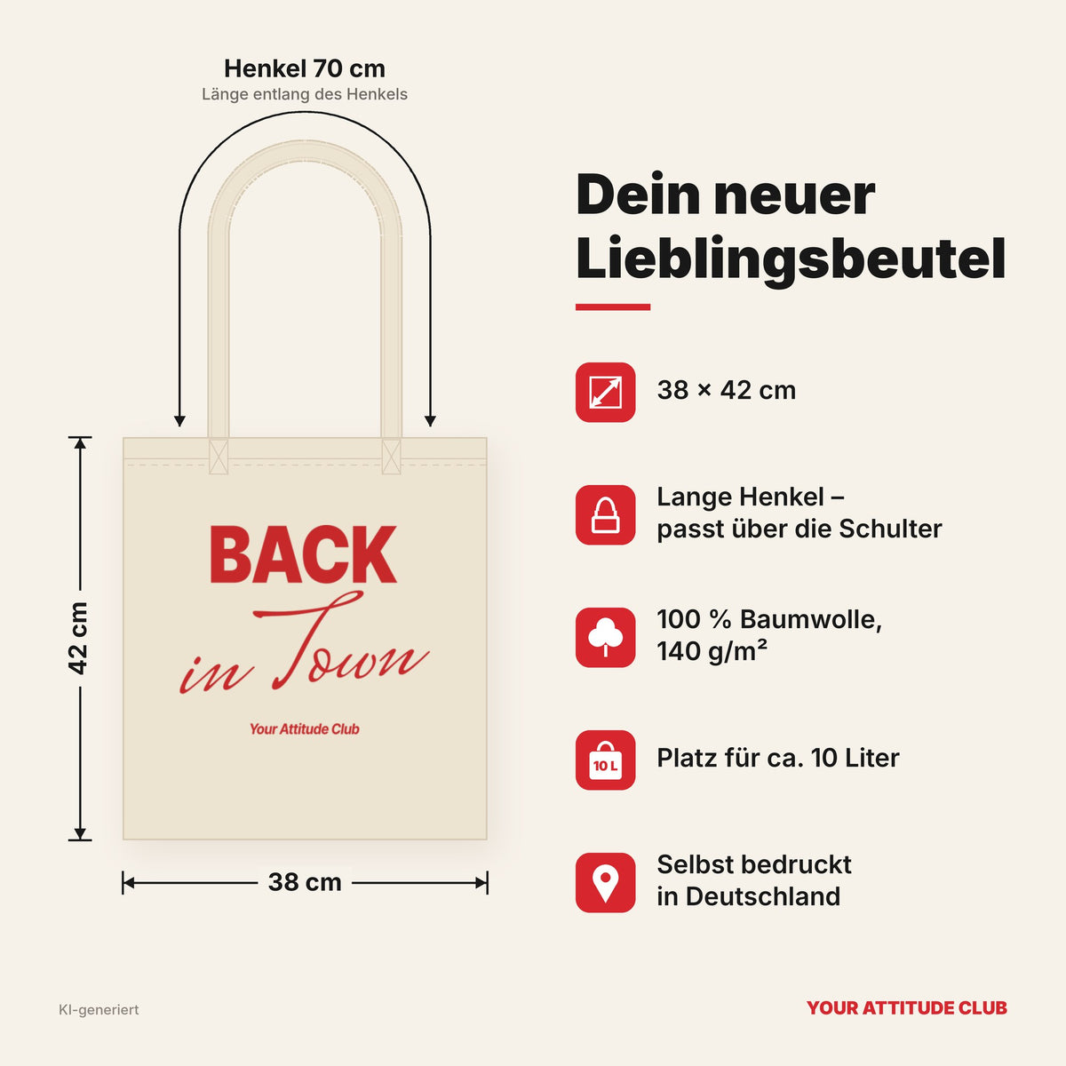 Back in Town – Stoffbeutel mit Spruch natur mit rotem Aufdruck, Maße 38 × 42 cm, Henkel 70 cm