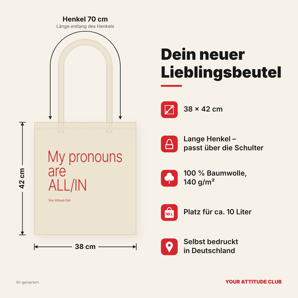 My pronouns are ALL/IN – Stoffbeutel mit Spruch natur mit rotem Aufdruck, Maße 38 × 42 cm, Henkel 70 cm