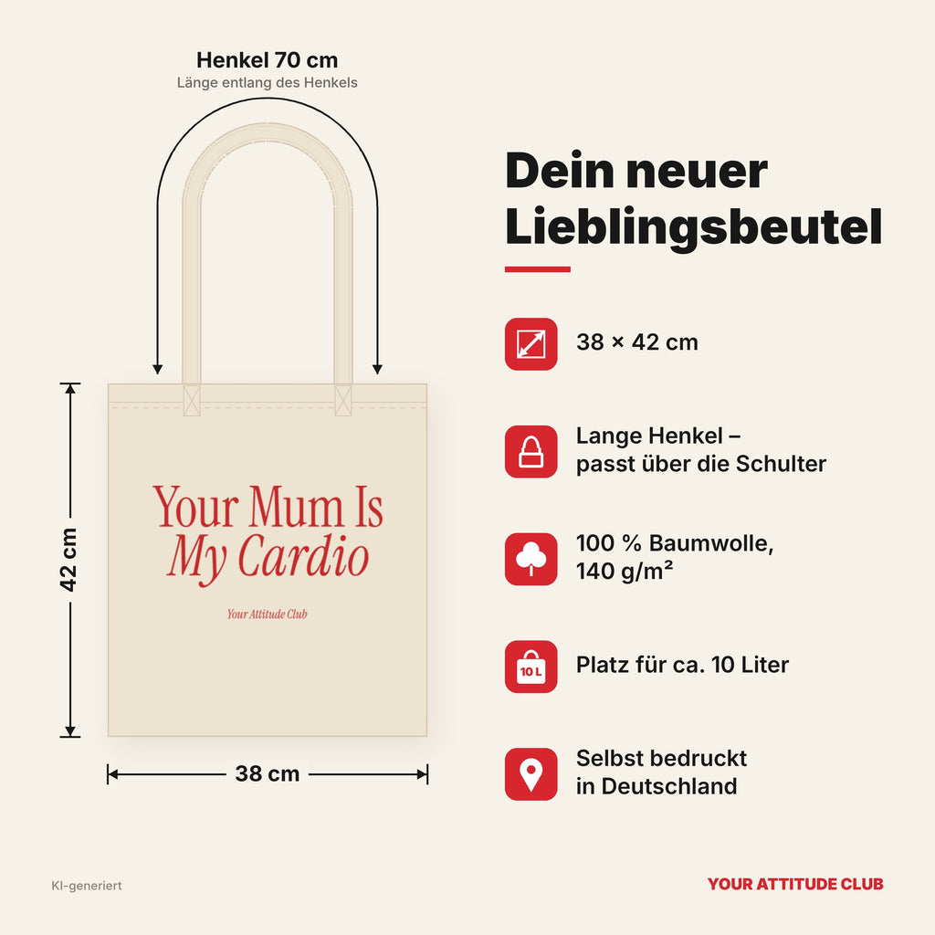 Your Mum Is My Cardio – Stoffbeutel mit Spruch natur mit rotem Aufdruck, Maße 38 × 42 cm, Henkel 70 cm