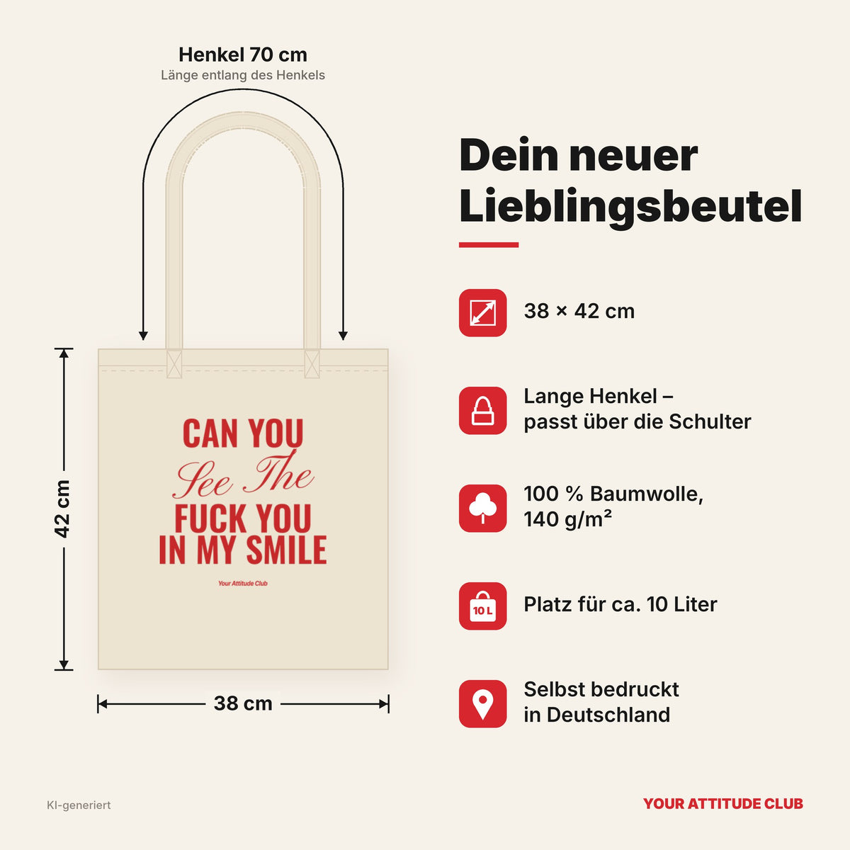 Can You See The Fuck You In My Smile – Stoffbeutel mit Spruch natur mit rotem Aufdruck, Maße 38 × 42 cm, Henkel 70 cm