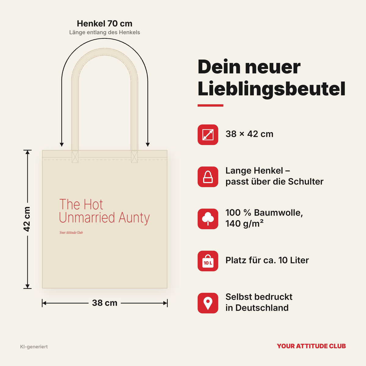 The Hot Unmarried Aunty – Stoffbeutel mit Spruch natur mit rotem Aufdruck, Maße 38 × 42 cm, Henkel 70 cm