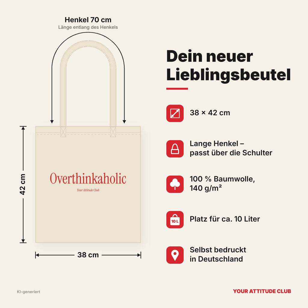 Overthinkaholic – Stoffbeutel mit Spruch natur mit rotem Aufdruck, Maße 38 × 42 cm, Henkel 70 cm