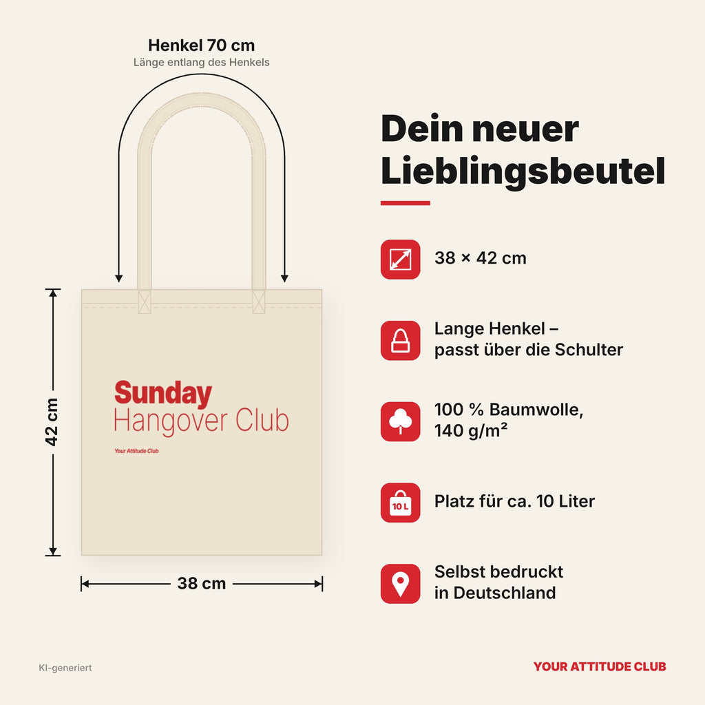 Sunday Hangover Club – Stoffbeutel mit Spruch natur mit rotem Aufdruck, Maße 38 × 42 cm, Henkel 70 cm