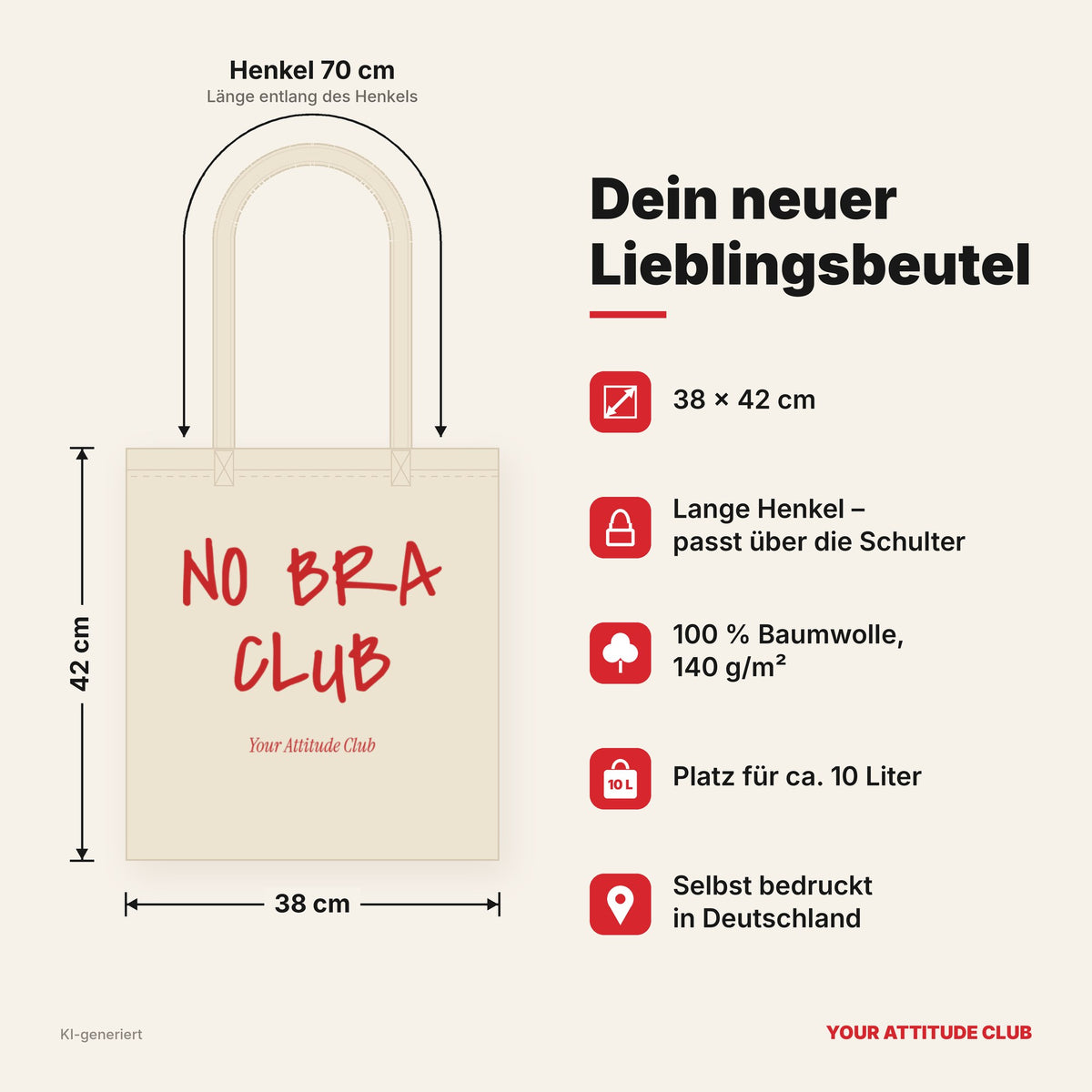 No Bra Club – Stoffbeutel mit Spruch natur mit rotem Aufdruck, Maße 38 × 42 cm, Henkel 70 cm