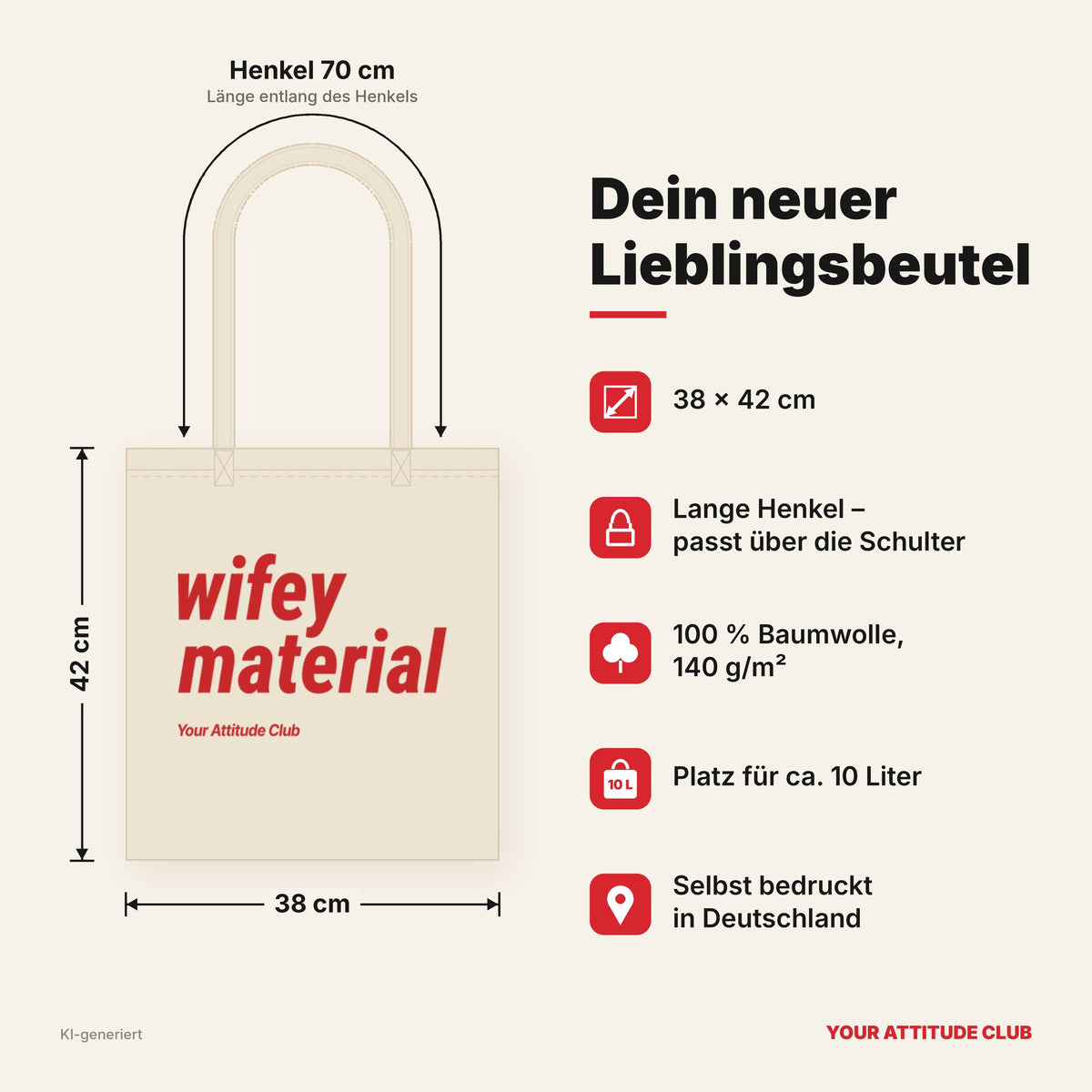 Wifey Material – Stoffbeutel mit Spruch natur mit rotem Aufdruck, Maße 38 × 42 cm, Henkel 70 cm