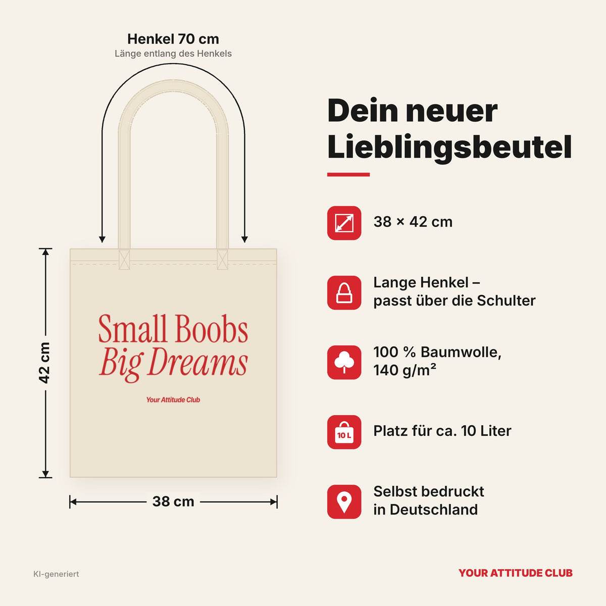 Small Boobs Big Dreams – Stoffbeutel mit Spruch natur mit rotem Aufdruck, Maße 38 × 42 cm, Henkel 70 cm