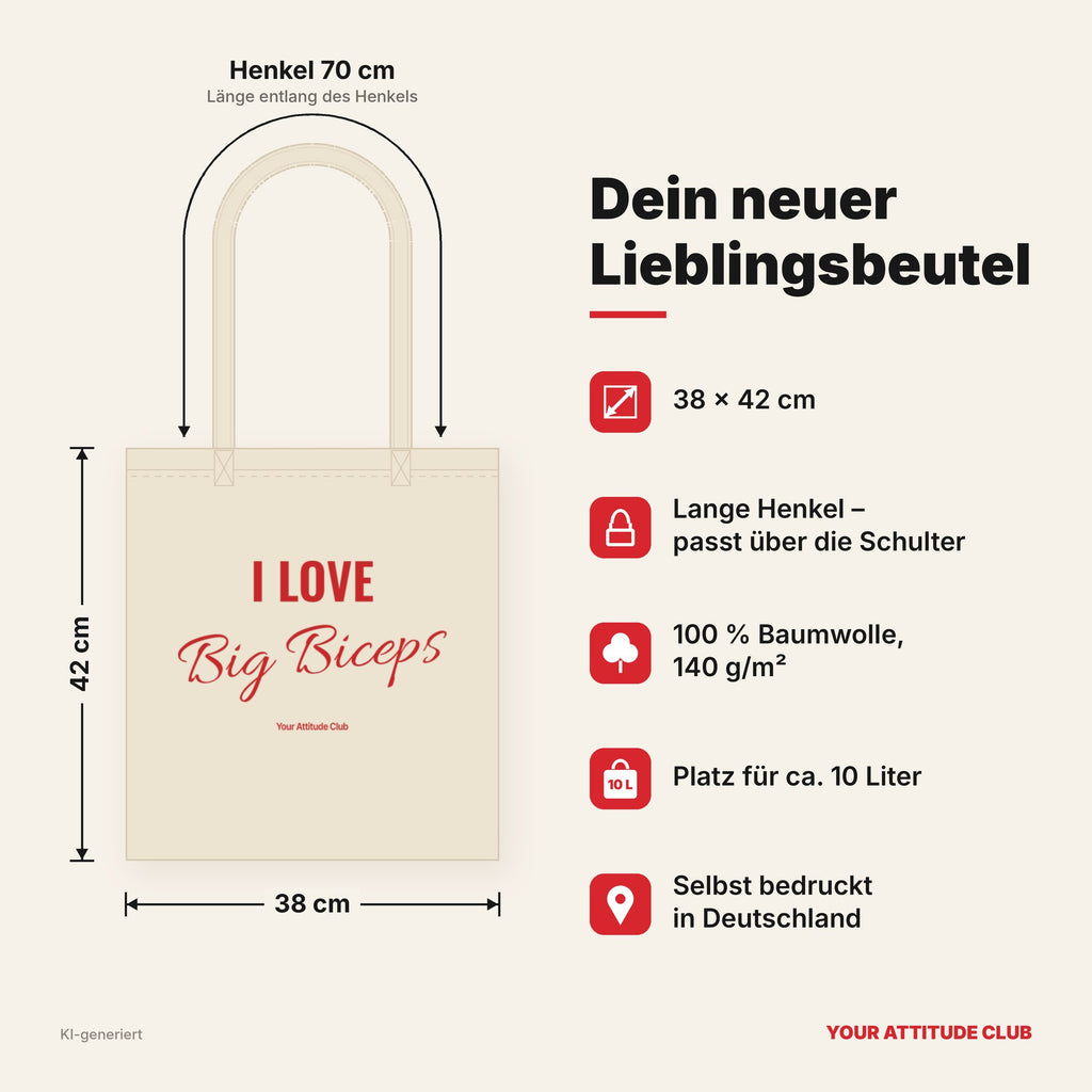 I Love Big Biceps – Stoffbeutel mit Spruch natur mit rotem Aufdruck, Maße 38 × 42 cm, Henkel 70 cm
