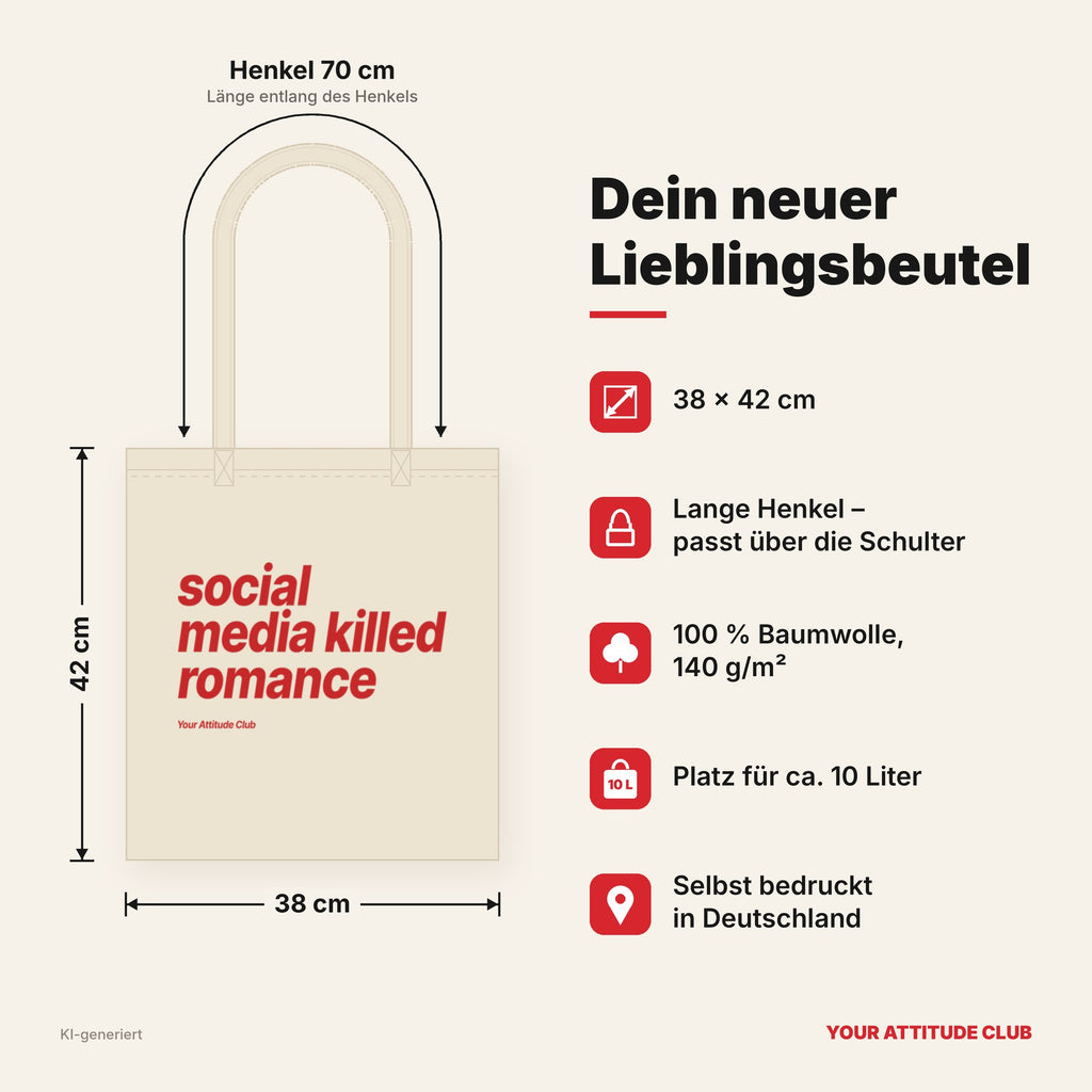 Social Media Killed Romance – Stoffbeutel mit Spruch natur mit rotem Aufdruck, Maße 38 × 42 cm, Henkel 70 cm