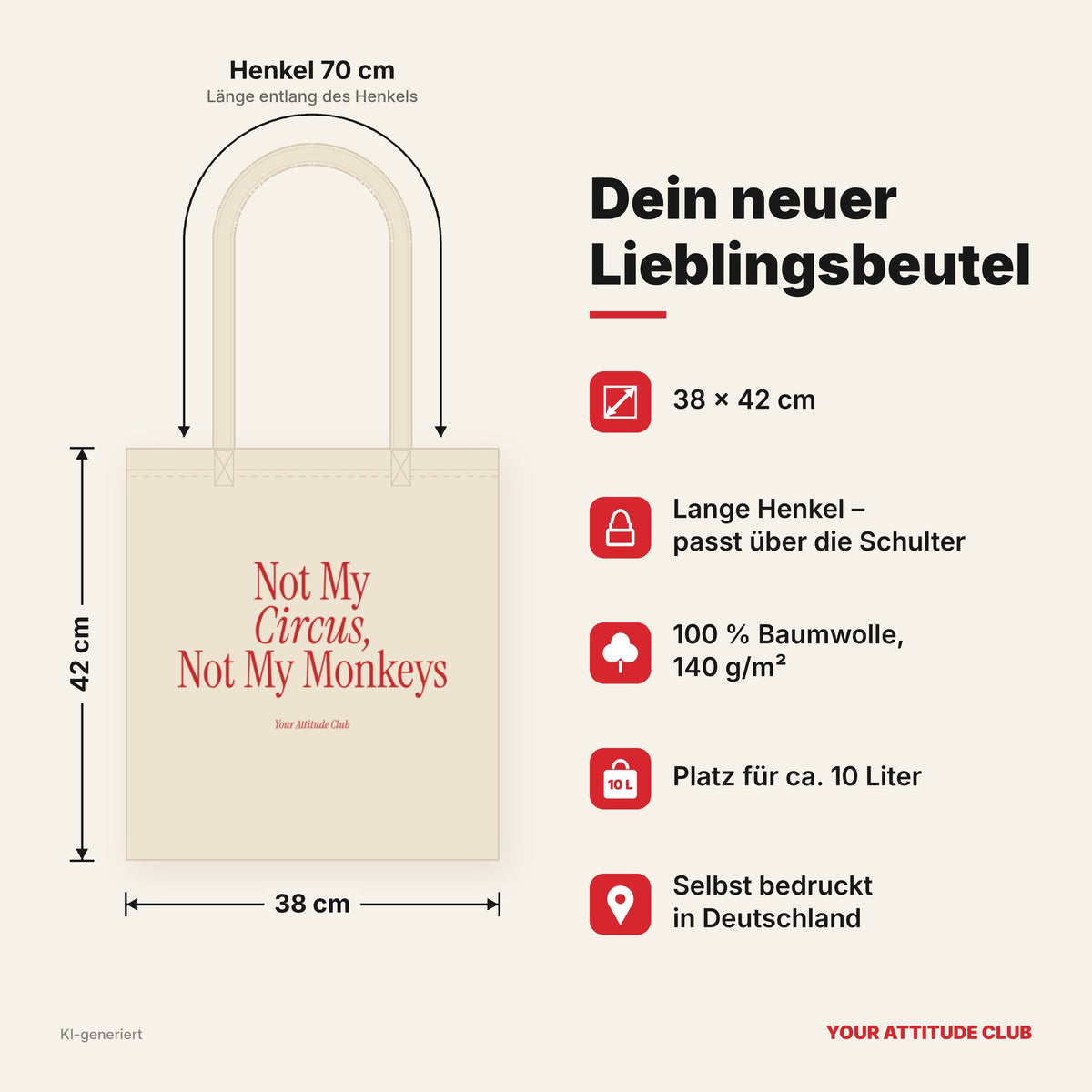 Not My Circus, Not My Monkeys – Stoffbeutel mit Spruch natur mit rotem Aufdruck, Maße 38 × 42 cm, Henkel 70 cm
