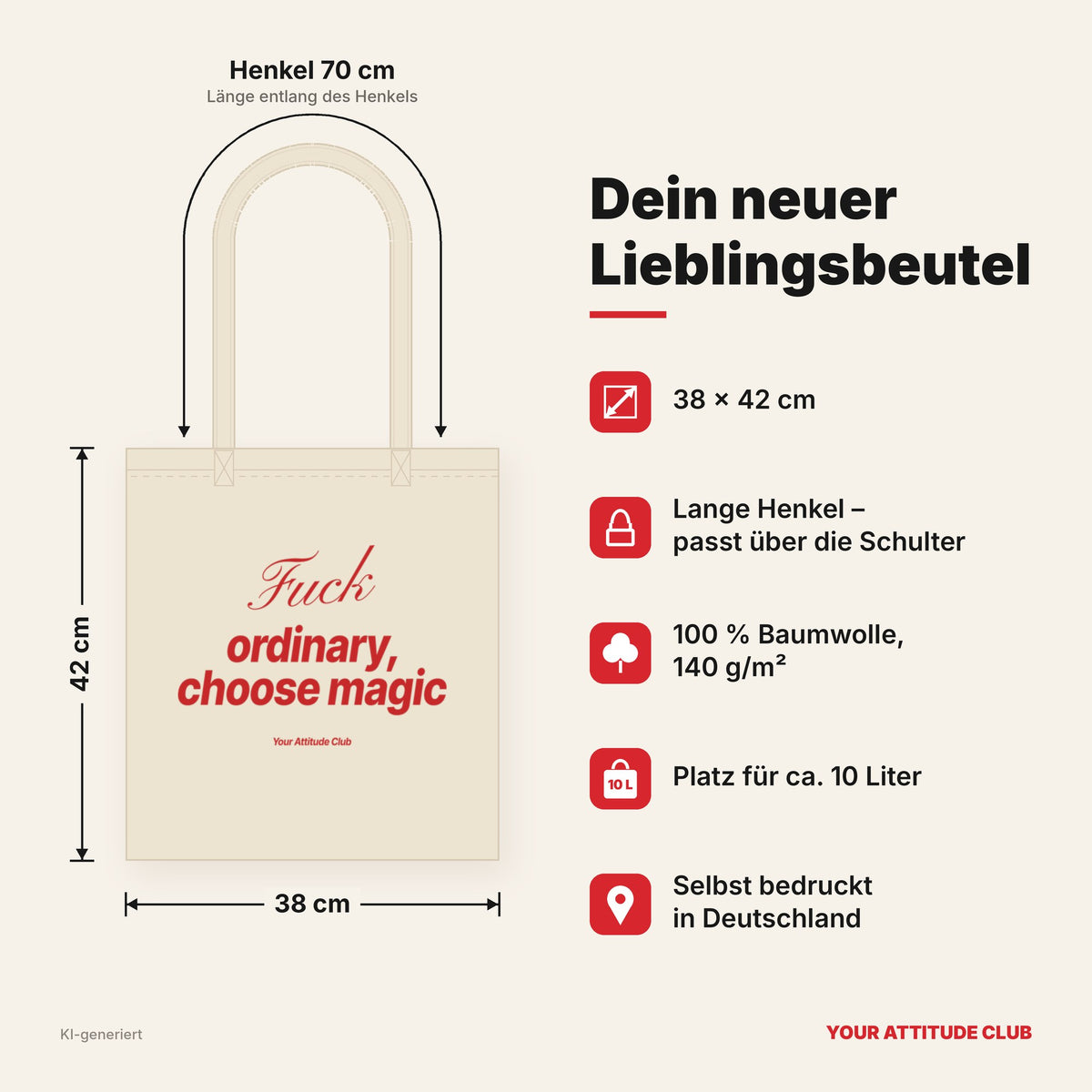 Fuck Ordinary, Choose Magic – Stoffbeutel mit Spruch natur mit rotem Aufdruck, Maße 38 × 42 cm, Henkel 70 cm