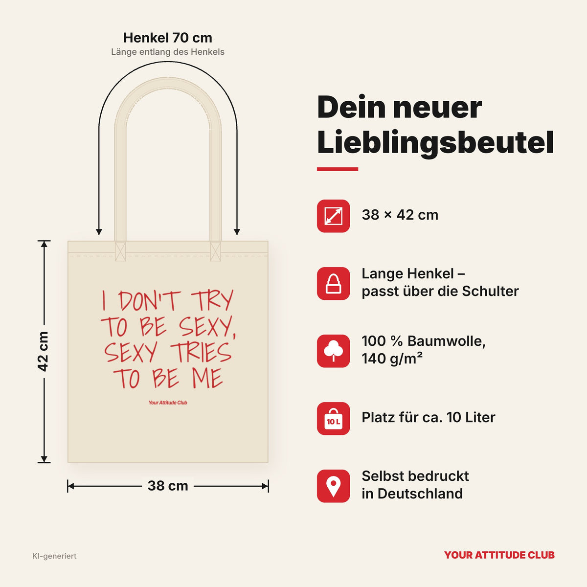 I Don't Try To Be Sexy, Sexy Tries To Be Me – Stoffbeutel mit Spruch natur mit rotem Aufdruck, Maße 38 × 42 cm, Henkel 70 cm