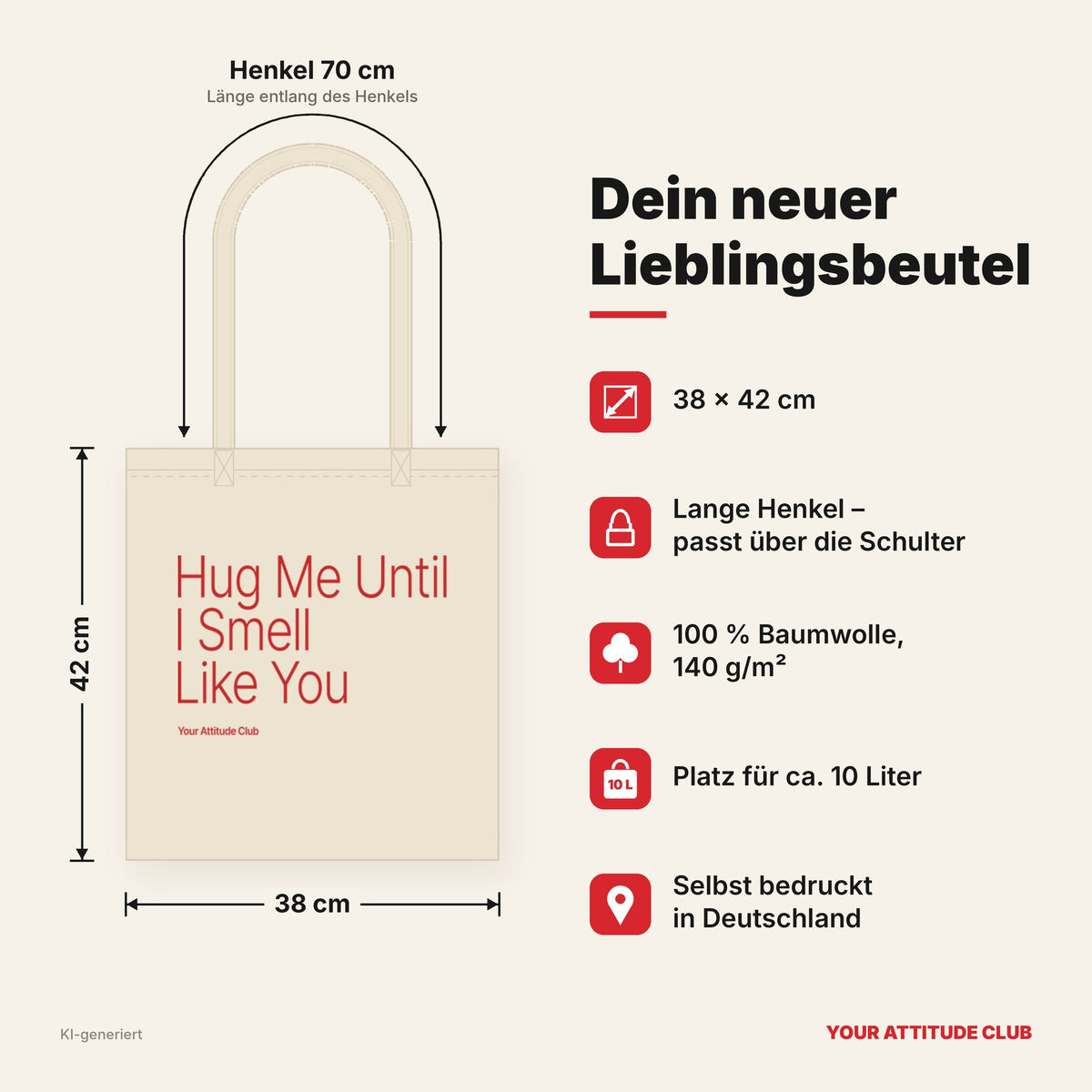 Hug Me Until I Smell Like You – Stoffbeutel mit Spruch natur mit rotem Aufdruck, Maße 38 × 42 cm, Henkel 70 cm