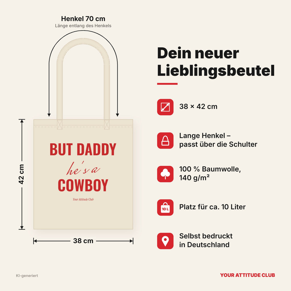 But Daddy he's a cowboy – Stoffbeutel mit Spruch natur mit rotem Aufdruck, Maße 38 × 42 cm, Henkel 70 cm