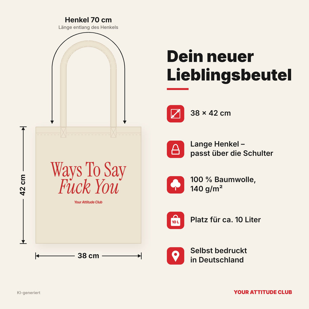 Ways To Say Fuck You – Stoffbeutel mit Spruch natur mit rotem Aufdruck, Maße 38 × 42 cm, Henkel 70 cm