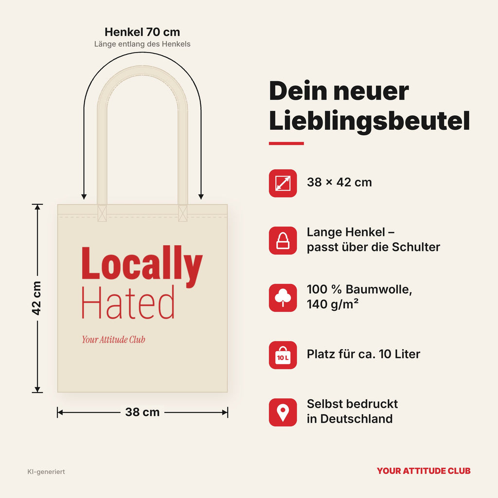 Locally Hated – Stoffbeutel mit Spruch natur mit rotem Aufdruck, Maße 38 × 42 cm, Henkel 70 cm