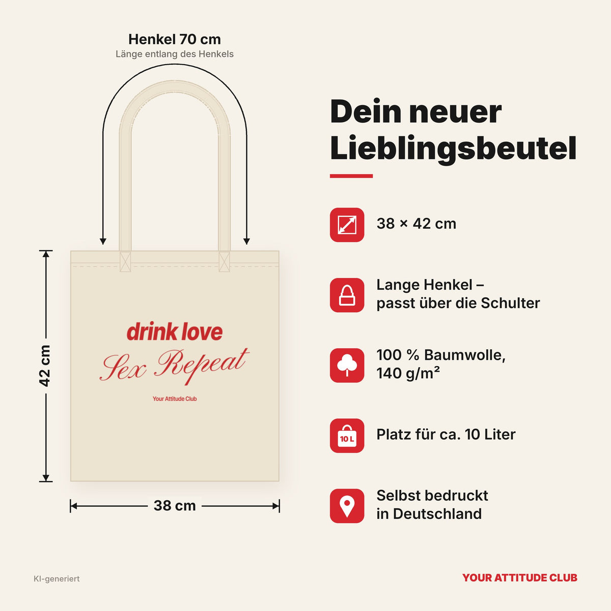 Drink Love Sex Repeat – Stoffbeutel mit Spruch natur mit rotem Aufdruck, Maße 38 × 42 cm, Henkel 70 cm