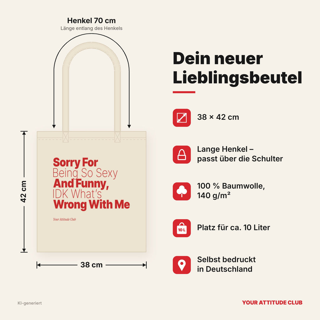 Sorry For Being So Sexy And Funny, IDK What’s Wrong With Me – Stoffbeutel mit Spruch natur mit rotem Aufdruck, Maße 38 × 42 cm, Henkel 70 cm