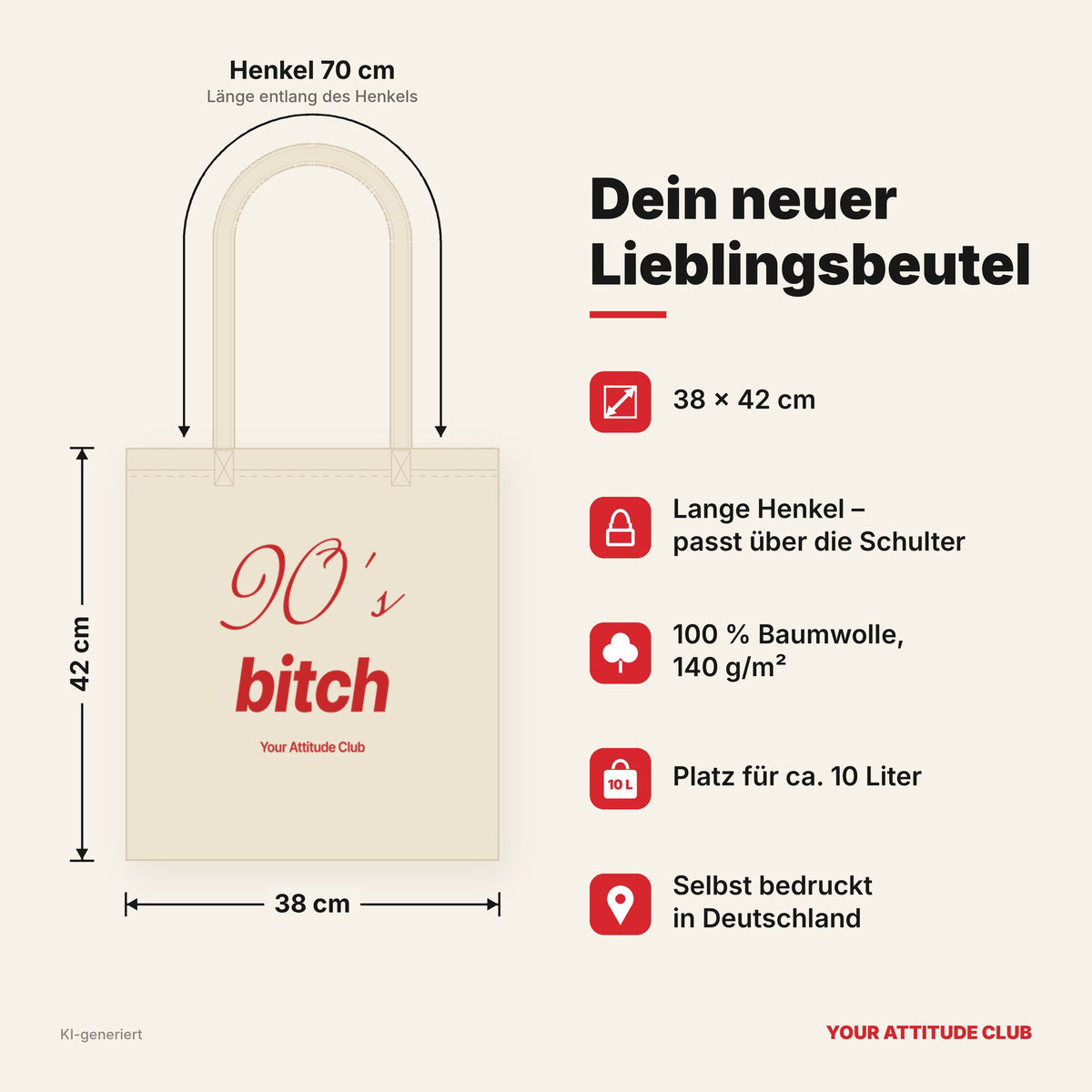 90's Bitch – Stoffbeutel mit Spruch natur mit rotem Aufdruck, Maße 38 × 42 cm, Henkel 70 cm