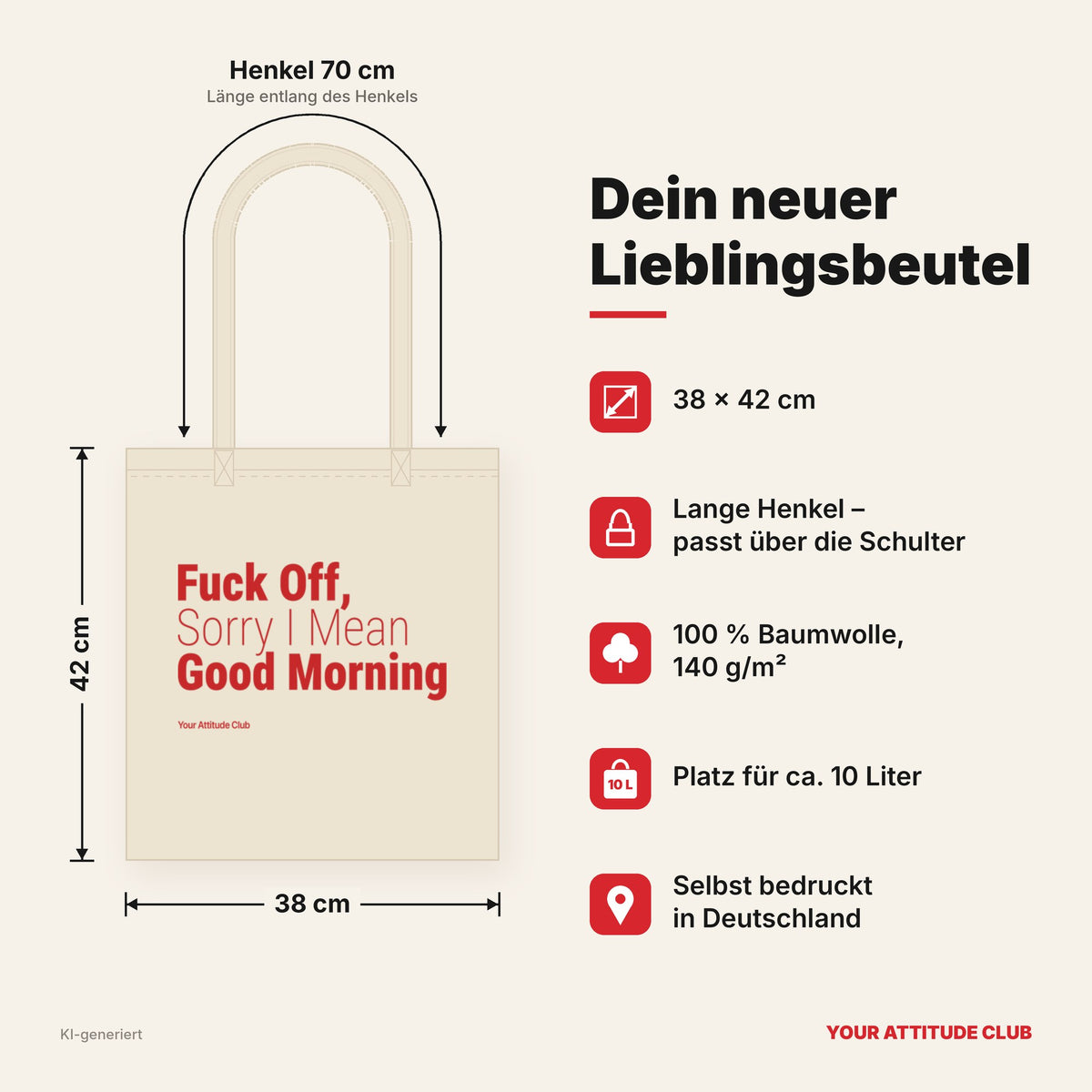 Fuck Off, Sorry I Mean Good Morning – Stoffbeutel mit Spruch natur mit rotem Aufdruck, Maße 38 × 42 cm, Henkel 70 cm