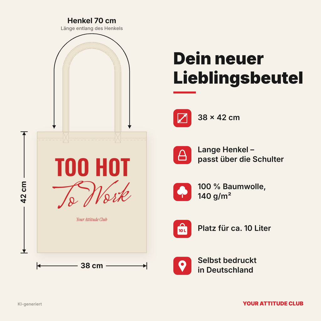 Too Hot To Work – Stoffbeutel mit Spruch natur mit rotem Aufdruck, Maße 38 × 42 cm, Henkel 70 cm