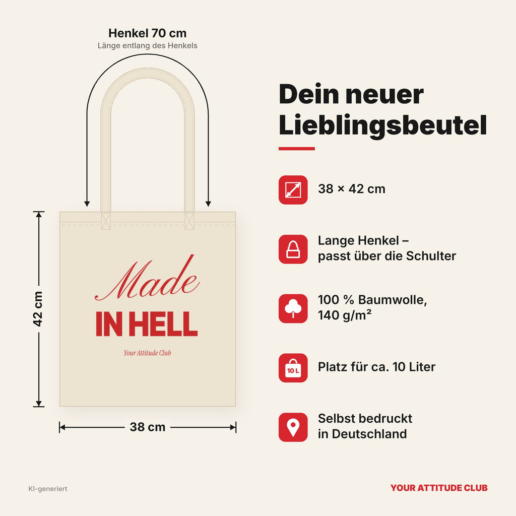Made In Hell – Stoffbeutel mit Spruch natur mit rotem Aufdruck, Maße 38 × 42 cm, Henkel 70 cm