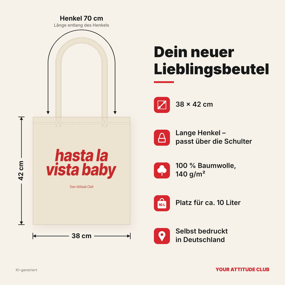 Hasta La Vista Baby – Stoffbeutel mit Spruch natur mit rotem Aufdruck, Maße 38 × 42 cm, Henkel 70 cm