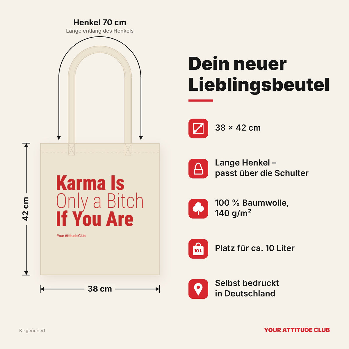 Karma Is Only a Bitch If You Are – Stoffbeutel mit Spruch natur mit rotem Aufdruck, Maße 38 × 42 cm, Henkel 70 cm