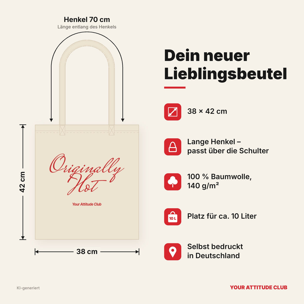 Originally Hot – Stoffbeutel mit Spruch natur mit rotem Aufdruck, Maße 38 × 42 cm, Henkel 70 cm