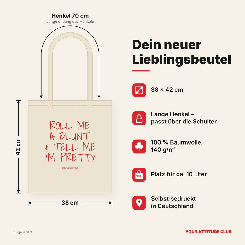 Roll Me A Blunt & Tell Me I’m Pretty – Stoffbeutel mit Spruch natur mit rotem Aufdruck, Maße 38 × 42 cm, Henkel 70 cm