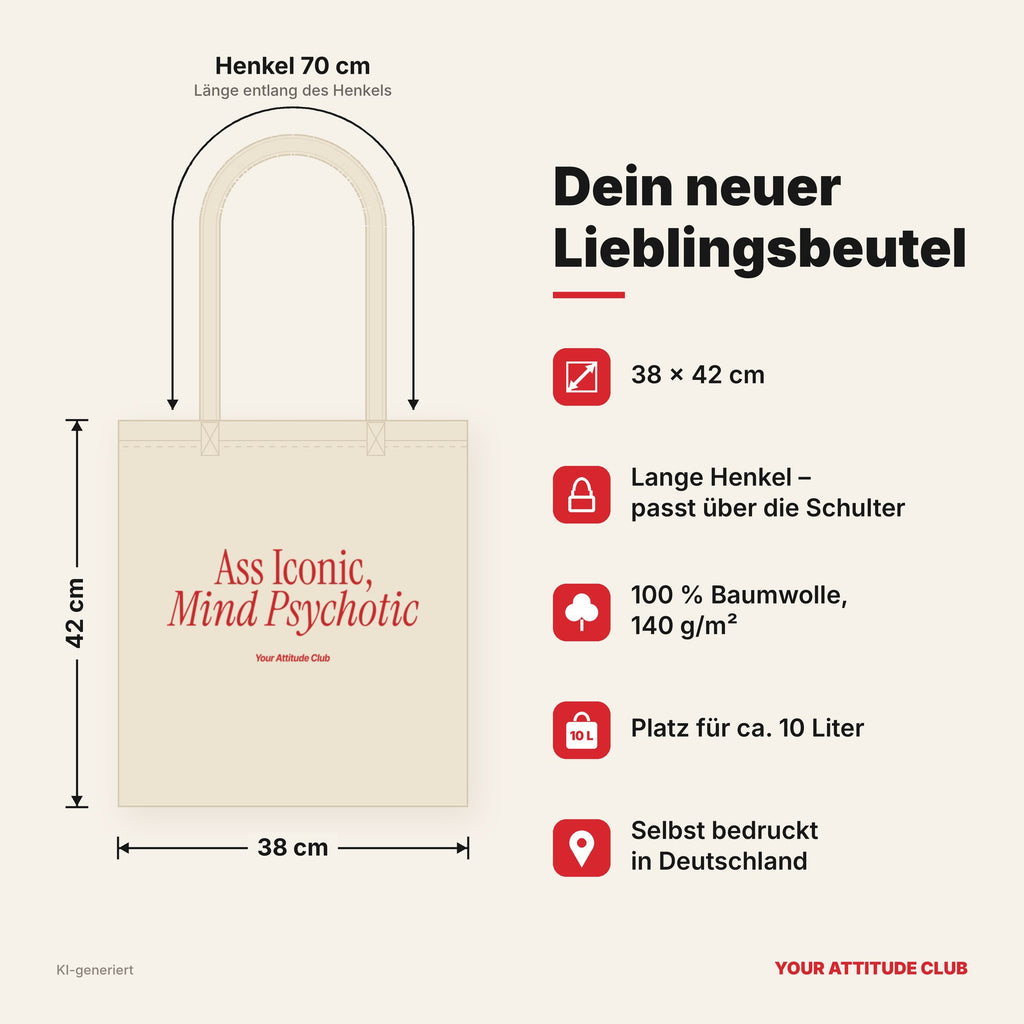 Ass Iconic, Mind Psychotic – Stoffbeutel mit Spruch natur mit rotem Aufdruck, Maße 38 × 42 cm, Henkel 70 cm