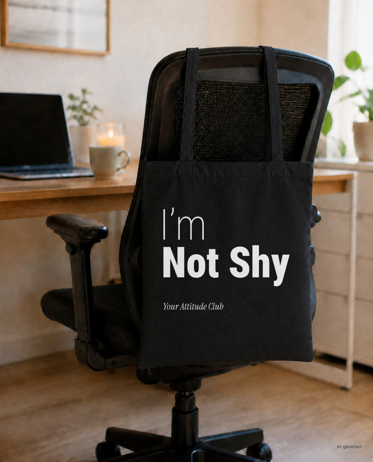 I’m Not Shy – Stoffbeutel mit Spruch schwarz mit weißem Aufdruck, am Bürostuhl im Büro