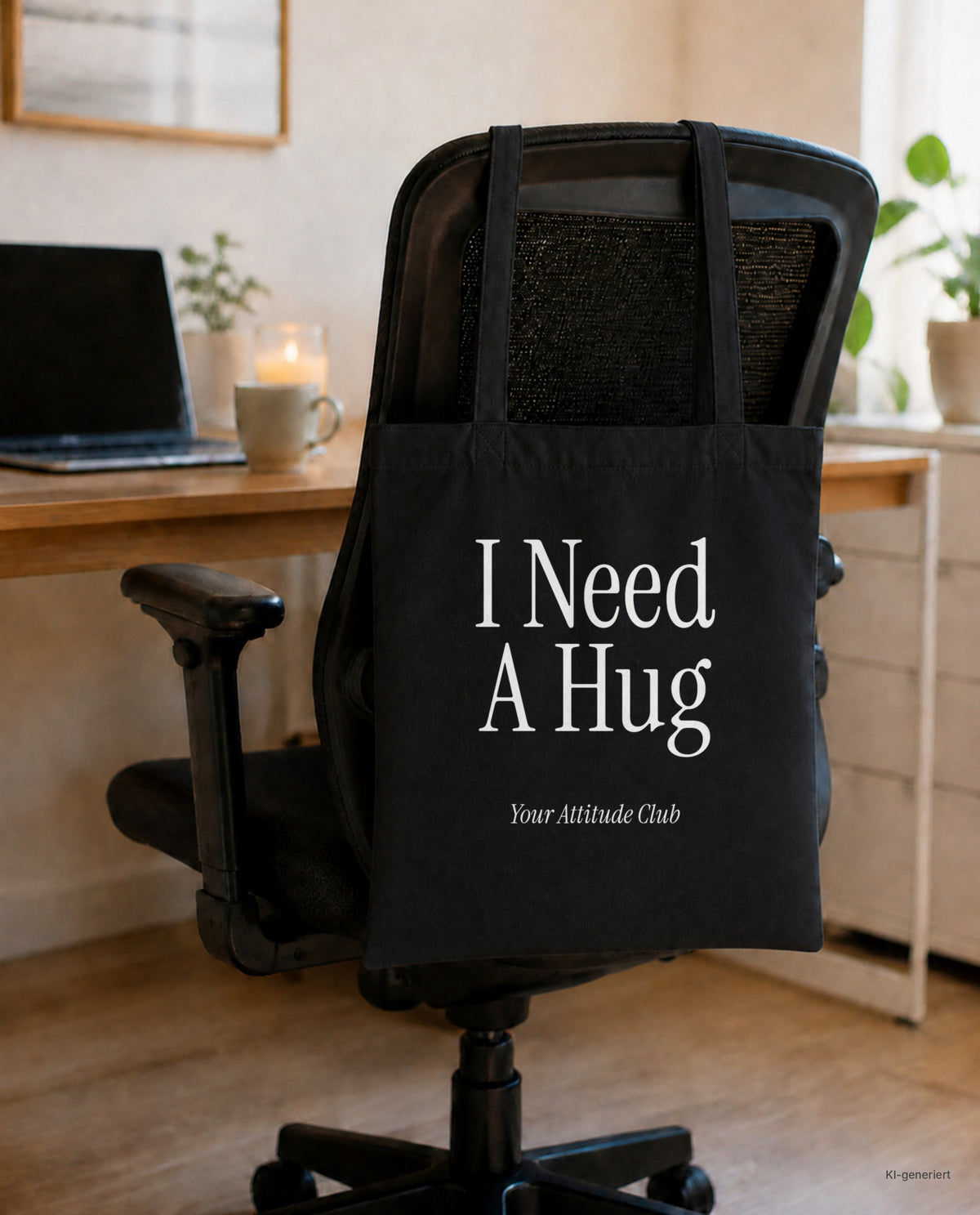 I Need A Hug – Stoffbeutel mit Spruch schwarz mit weißem Aufdruck, am Bürostuhl im Büro