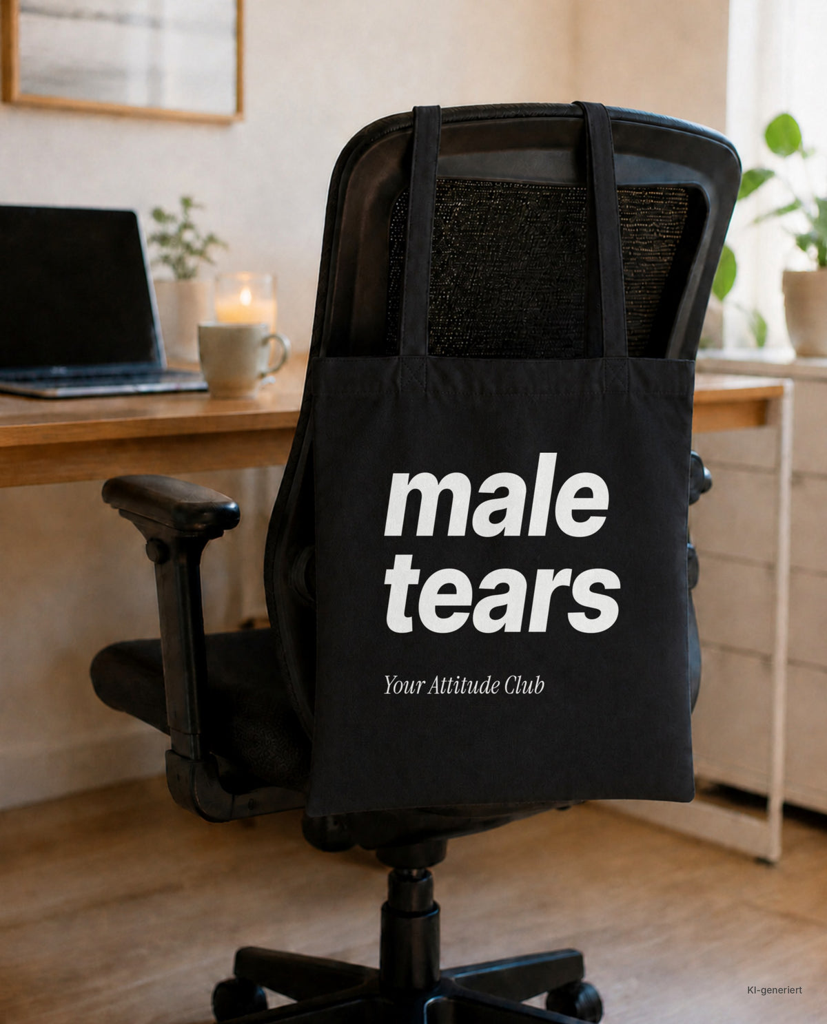 Male Tears – Stoffbeutel mit Spruch schwarz mit weißem Aufdruck, am Bürostuhl im Büro