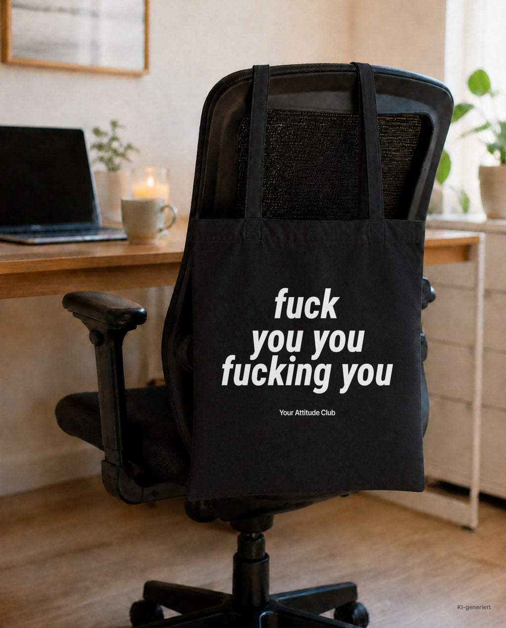 Fuck You You Fucking You – Stoffbeutel mit Spruch schwarz mit weißem Aufdruck, am Bürostuhl im Büro